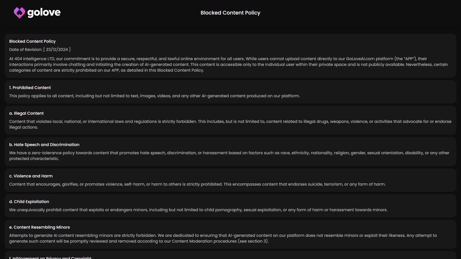 GoLove Blocked Content Policy listing prohibited categories