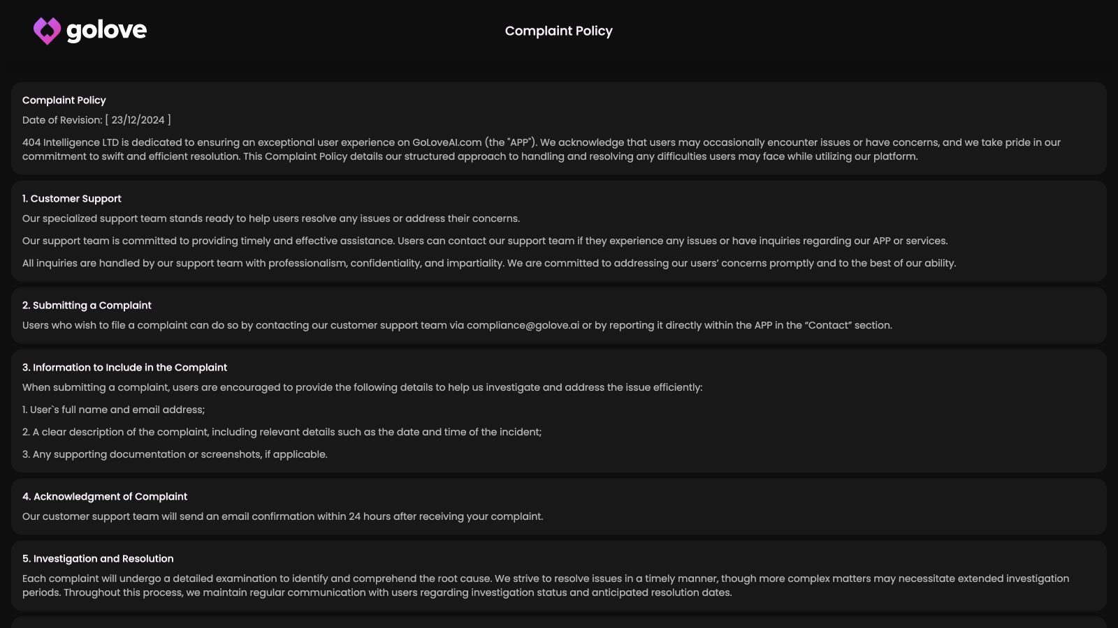 GoLove Complaint Policy describing its support process