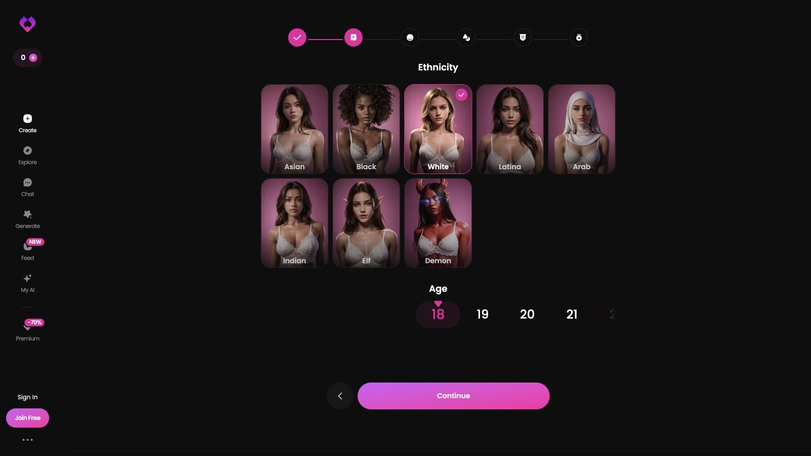 GoLove character creator showing its adult age selector