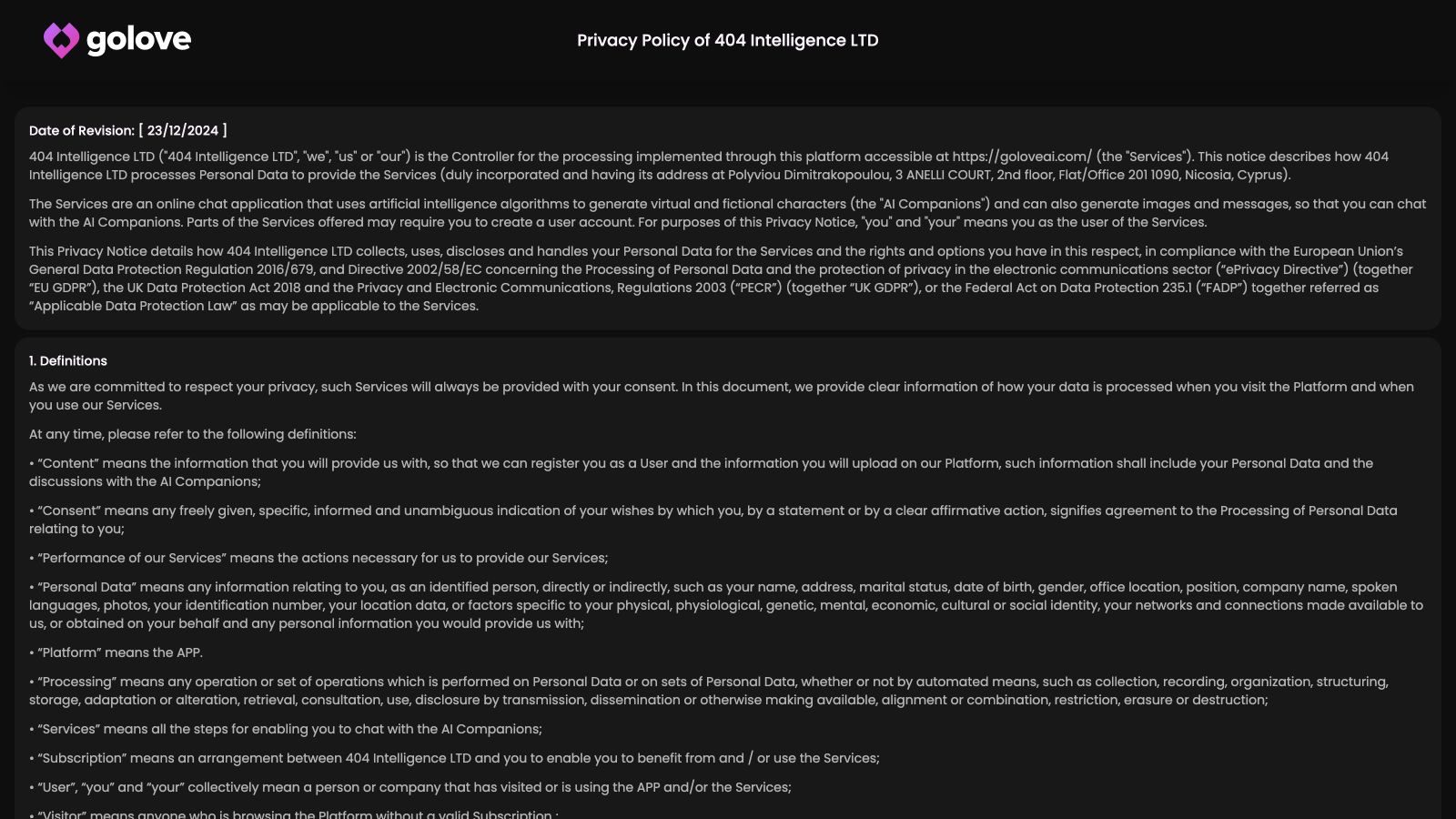 GoLove Privacy Policy defining AI discussions as Content