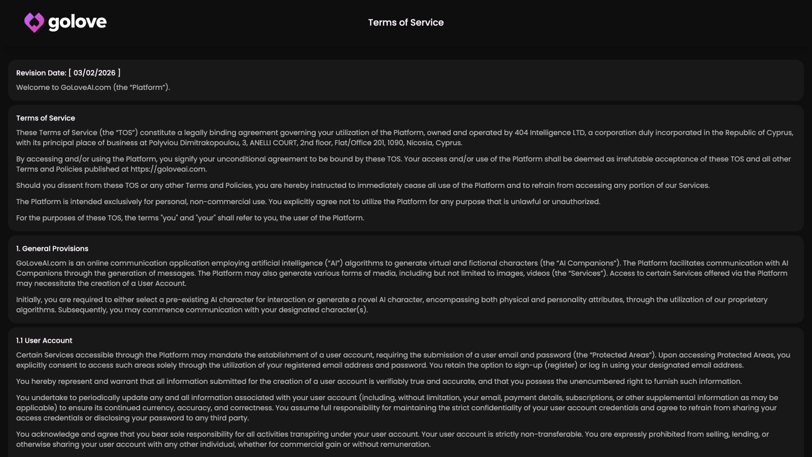 GoLove Terms identifying 404 Intelligence LTD