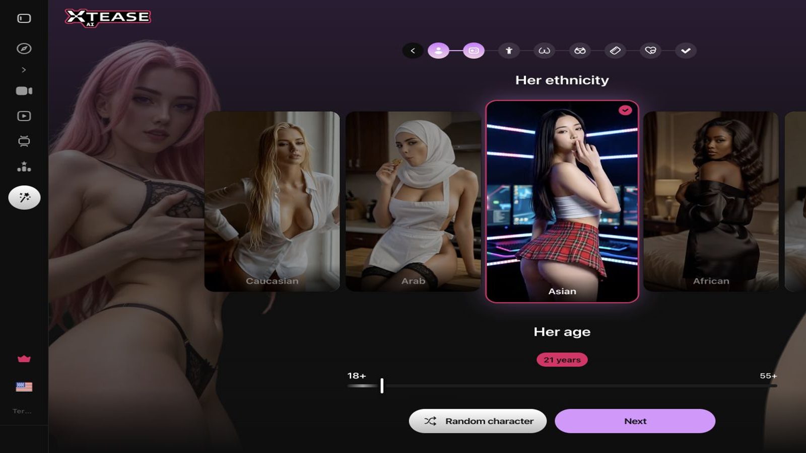 Xtease AI creator showing ethnicity choices and age 21
