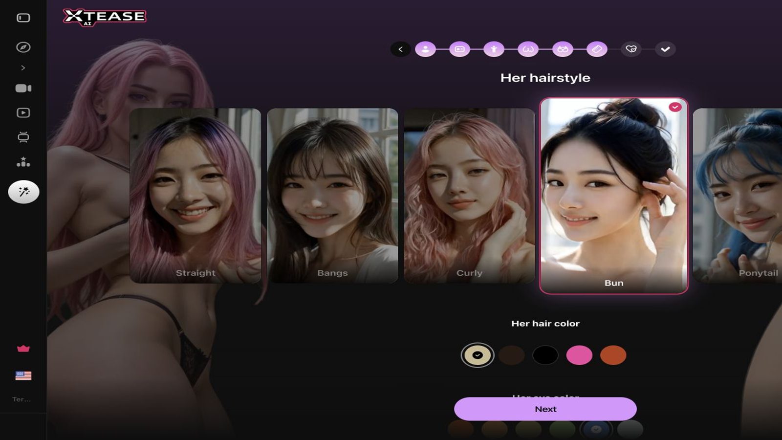 Xtease AI creator showing hairstyle and hair-colour controls