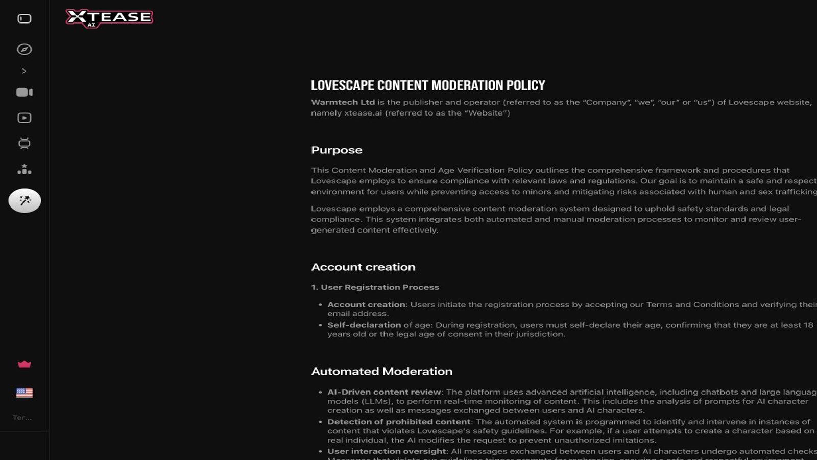 Xtease AI moderation policy describing adult self-declaration and automated checks
