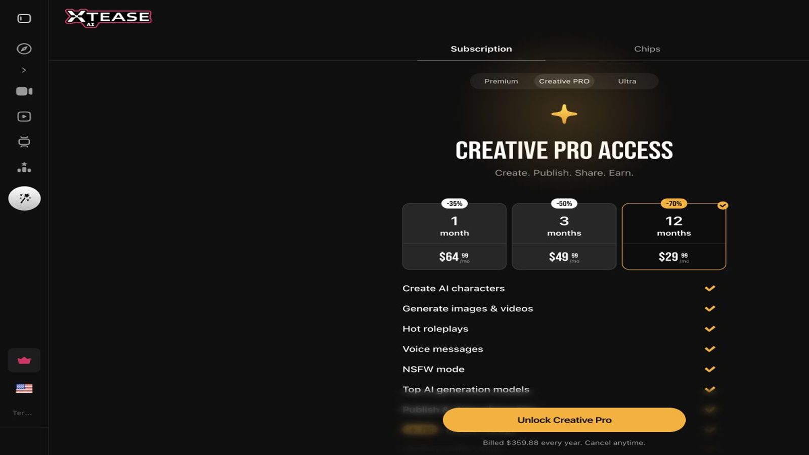 Xtease AI Creative Pro annual plan showing $359.88 billed yearly