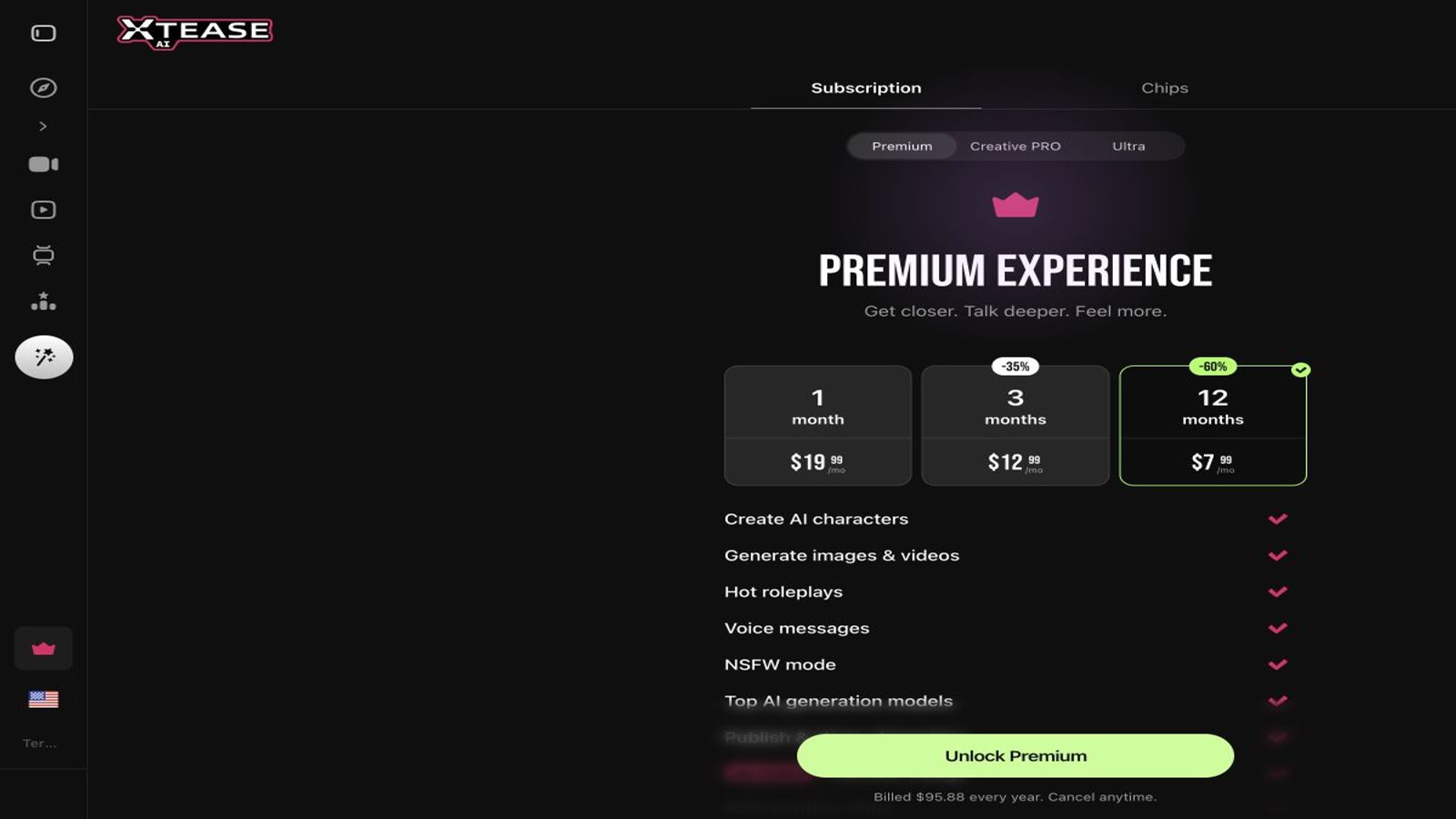 Xtease AI Premium annual plan showing $95.88 billed yearly