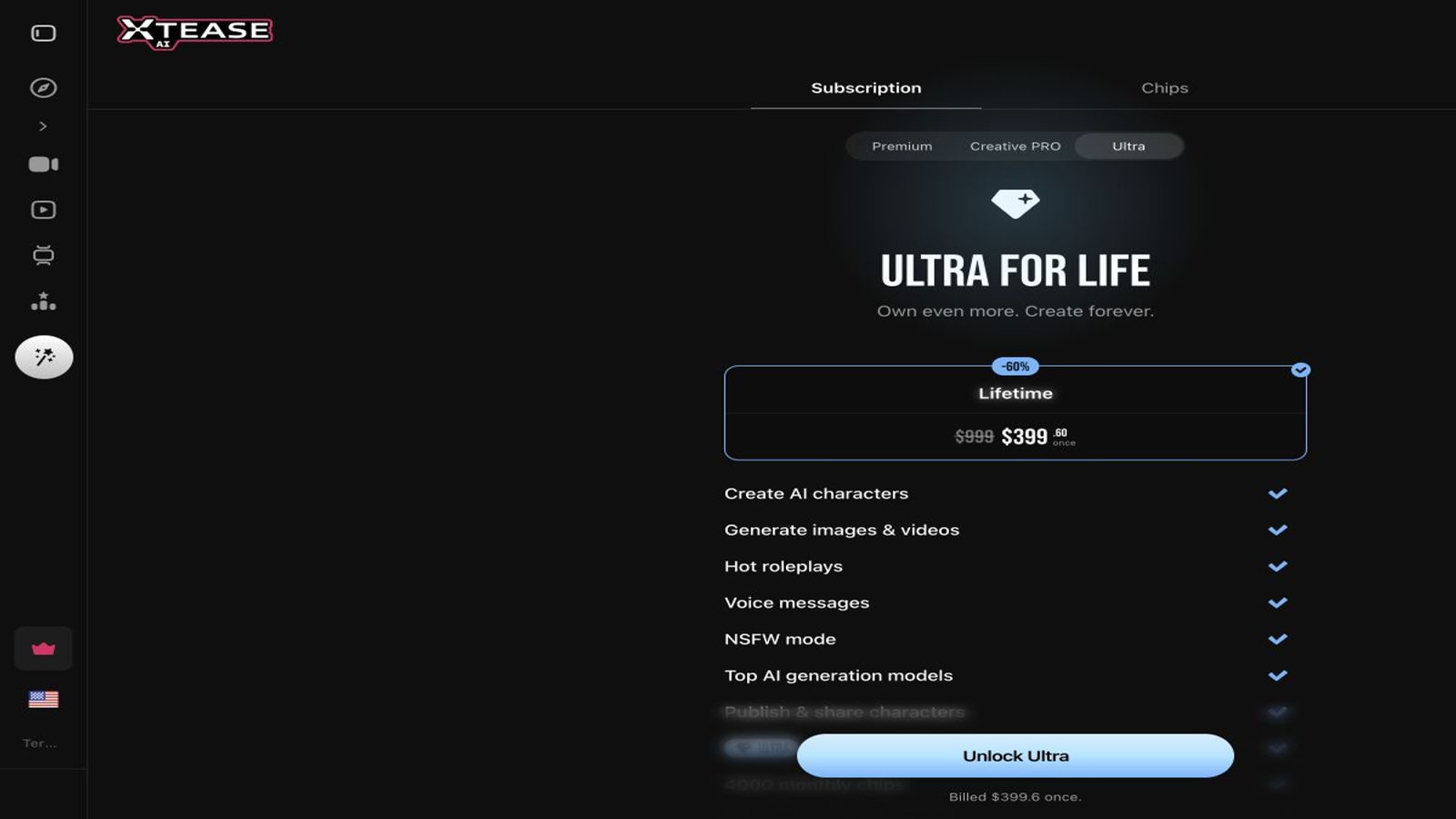 Xtease AI Ultra offer showing $399.60 billed once