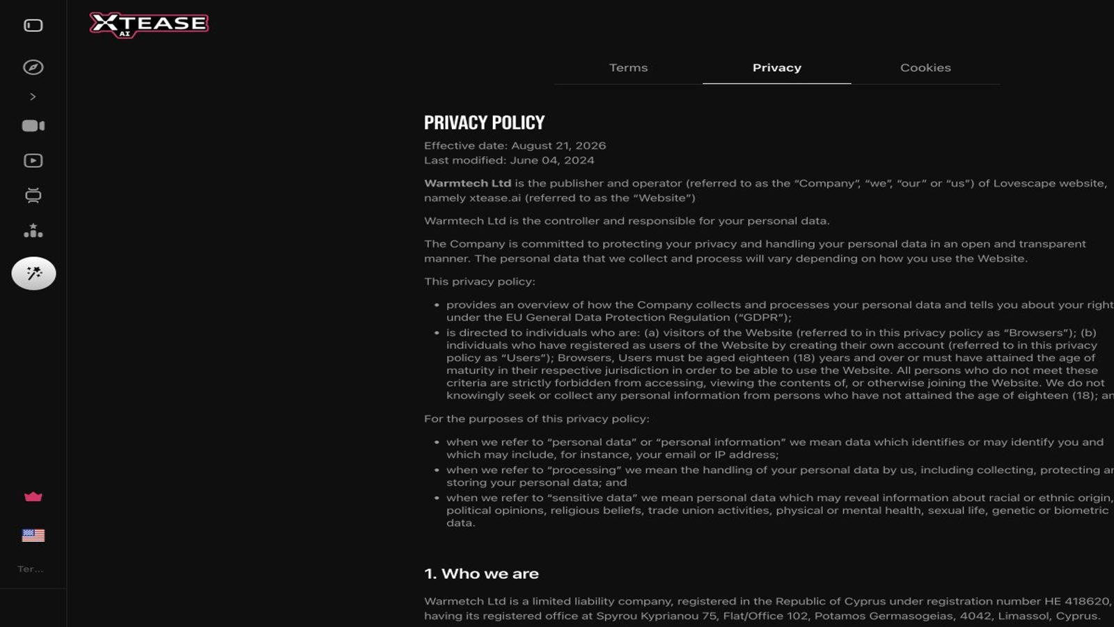 Xtease AI Privacy Policy identifying Warmtech and sensitive-data categories