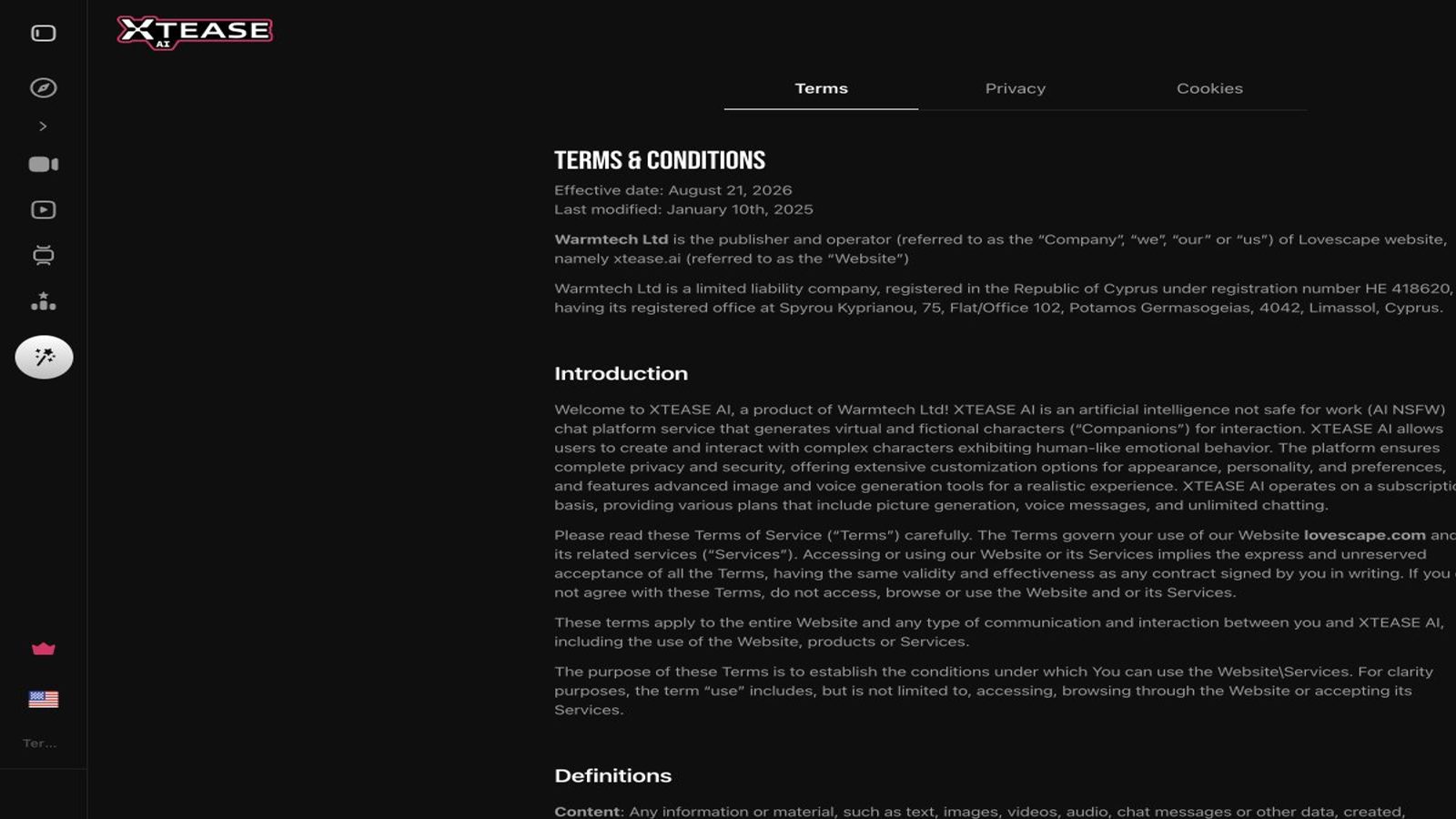 Xtease AI Terms identifying Warmtech and retaining Lovescape wording