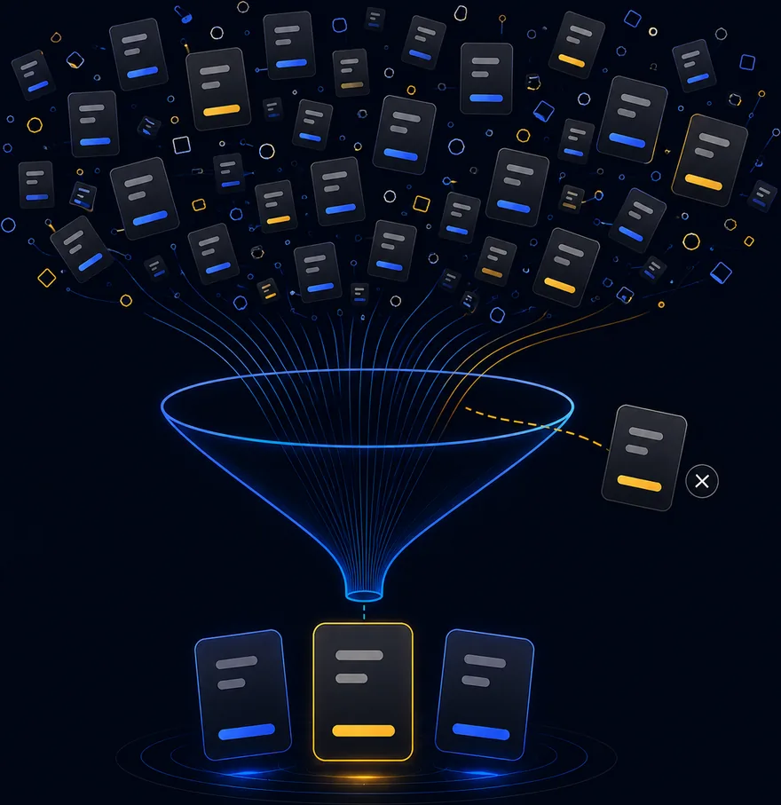 Dozens of scored platform cards flow down into a funnel labelled YOUR 4 CONDITIONS; one is diverted out to the side and marked ruled out; three come out below, the middle one highlighted in gold