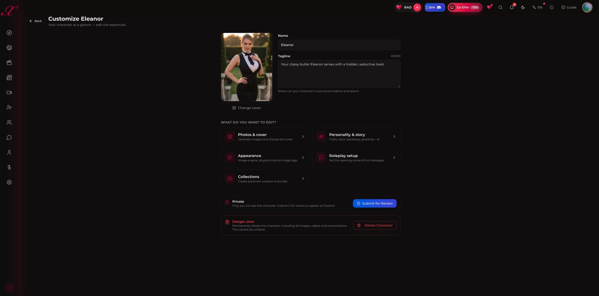 Xotic AI character settings for Eleanor with separate sections and private status