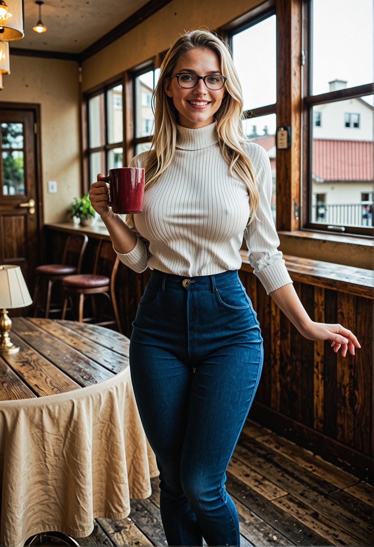 Xotic AI image from our English prompt: Léa in a café with a red mug, in a white sweater instead of green