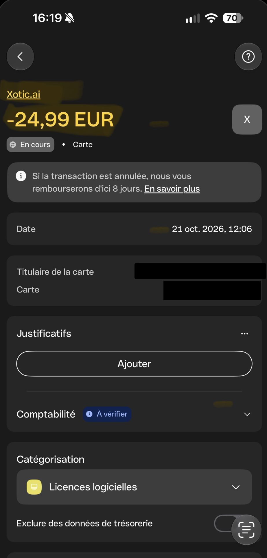 Redacted bank screenshot showing a pending 24.99 euro Xotic.ai card payment dated 21 October 2026 at 12:06