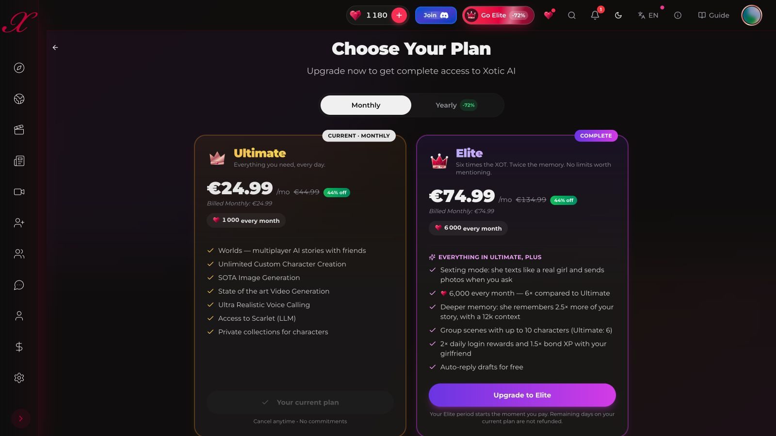 Xotic AI account showing Ultimate as the active monthly plan at 24.99 euros with 1,000 XOT a month