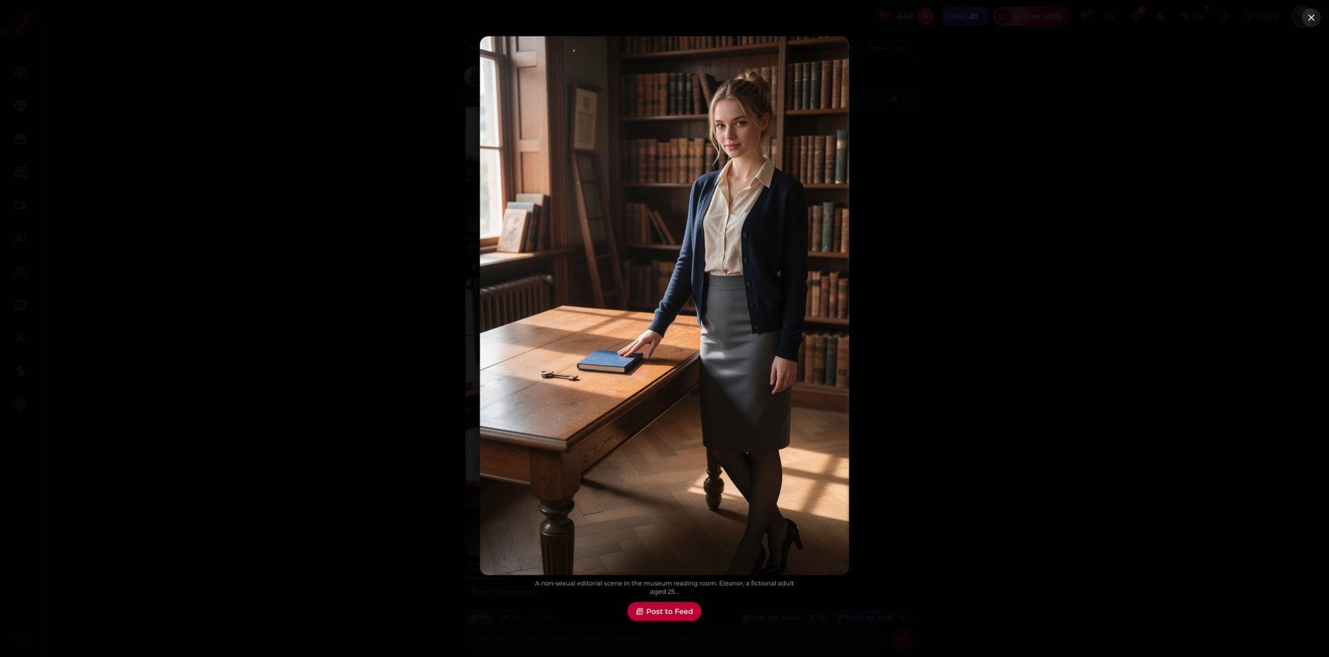 Xotic AI Worlds scene image: Eleanor in a reading room with a notebook and a key