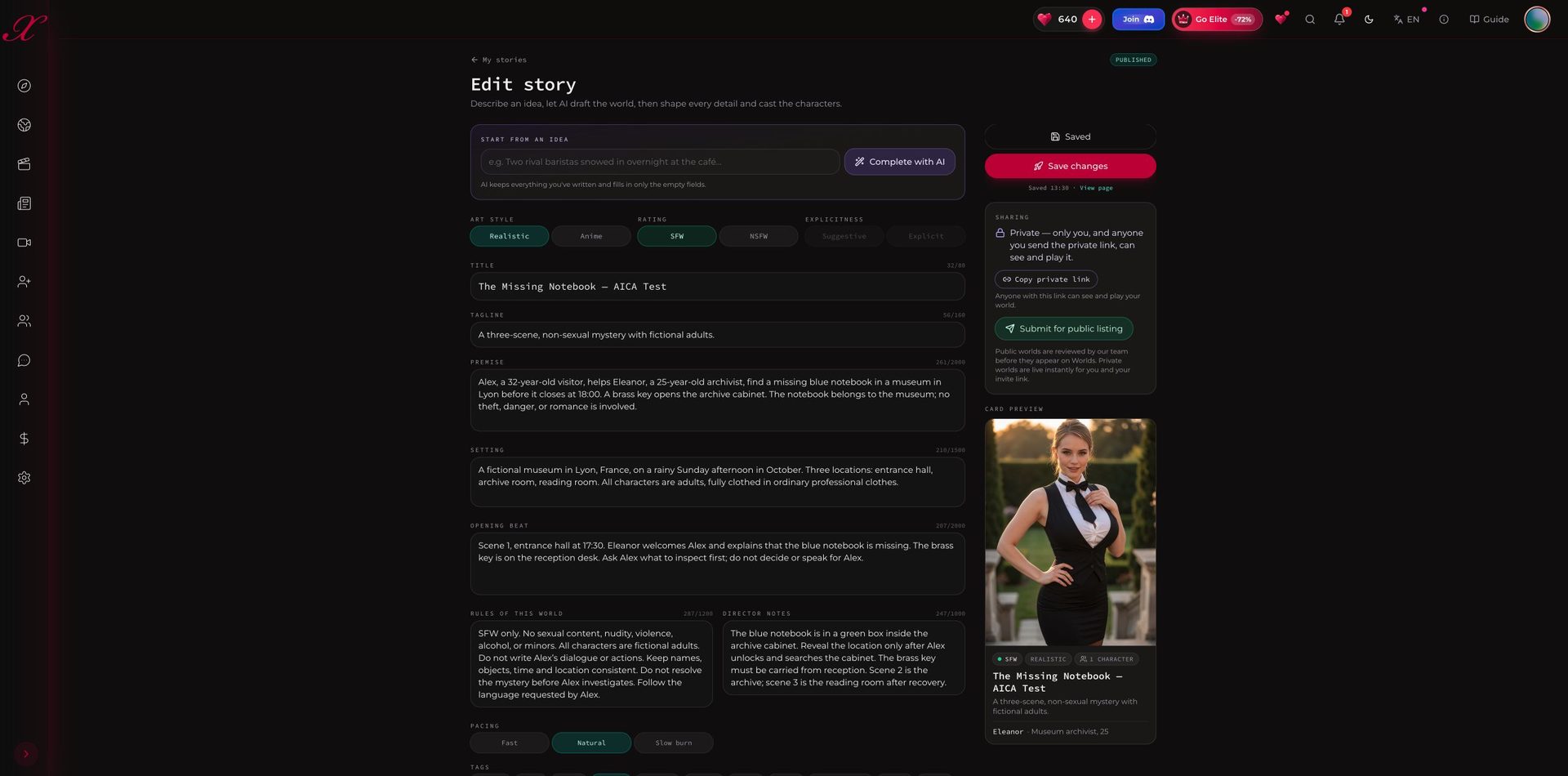 Xotic AI Worlds setup for a private, realistic mystery story