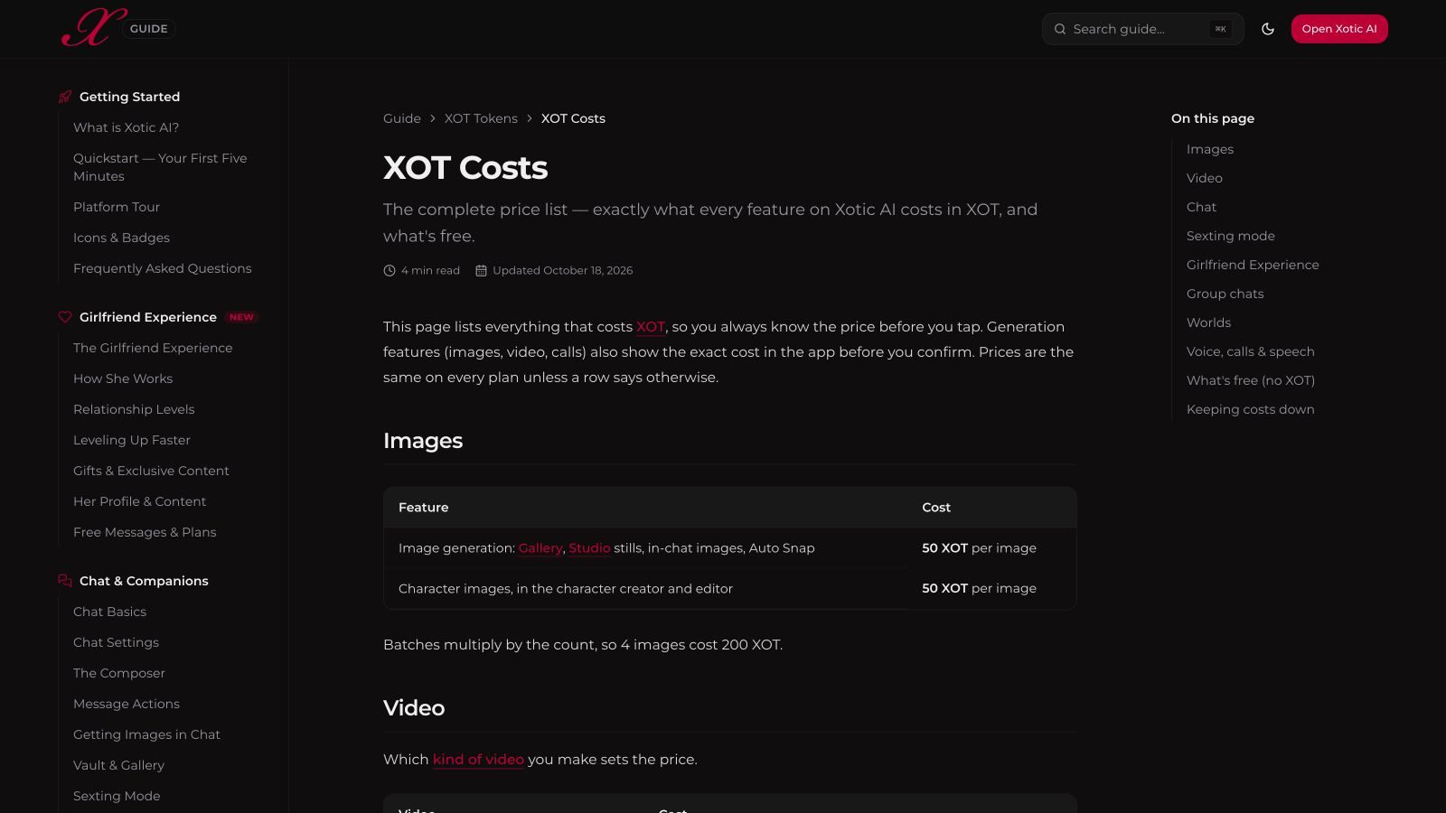 Xotic AI official XOT cost guide showing image generation at 50 XOT